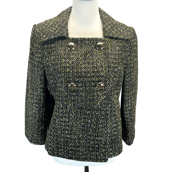 Chaus Womens 12 Tweed Dbl Breasted Button Front Blazer Gold Metallic Office Chic - Picture 1 of 7